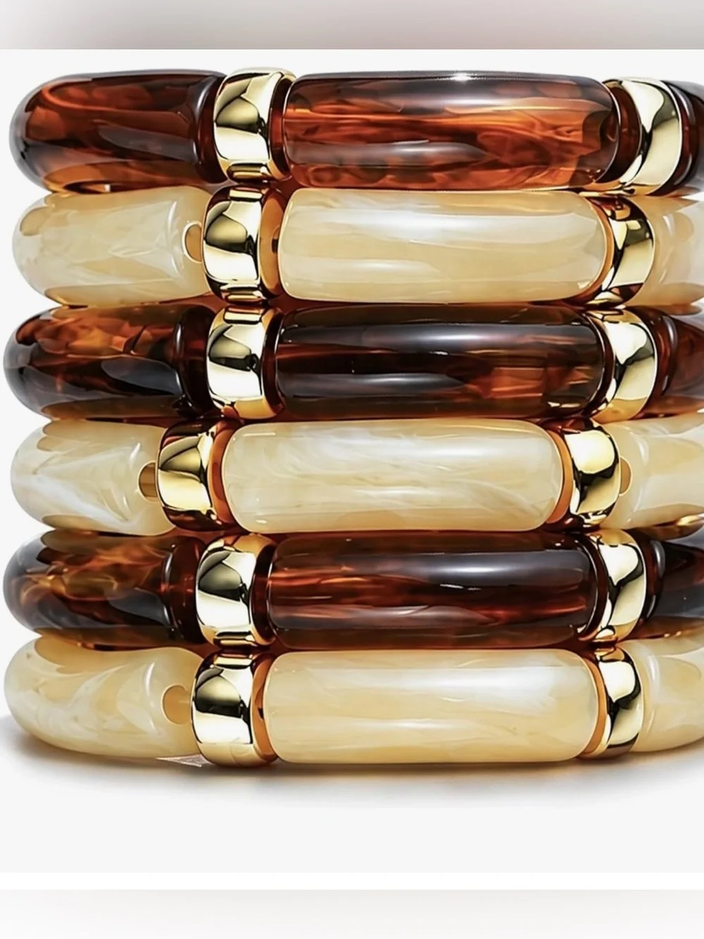 6pc Chunky Marbled Resin Bangle Set-Tortoise & Cream Gold-Tone Bracelet Stack